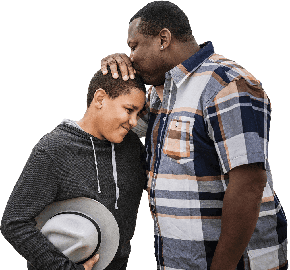 Father and son hugging. Actor portrayals.