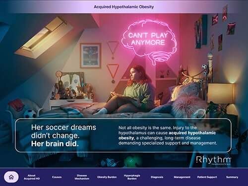 Girl sitting in soccer-themed bedroom. Image of brain that reads: CAN’T PLAY ANYMORE. Actor portrayal.