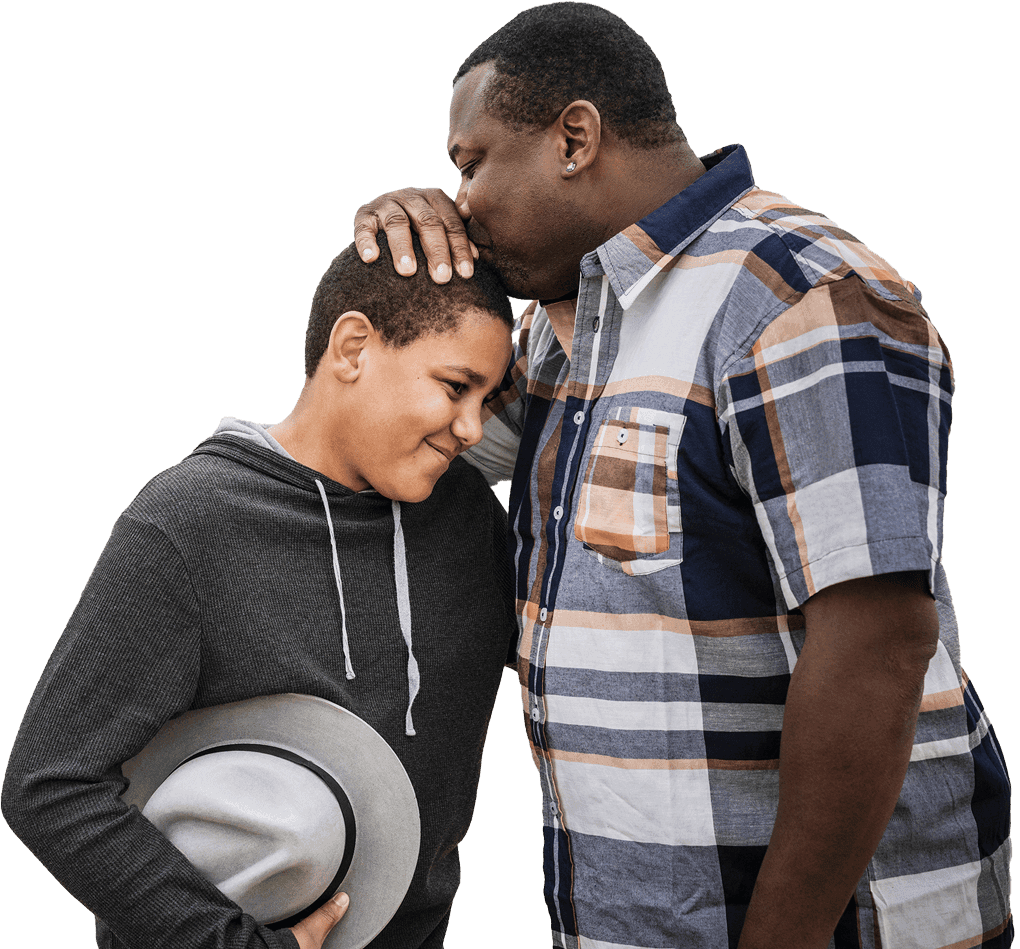 Father and son hugging. Actor portrayals.